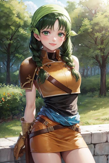 00058-3852241701-), smile, looking at viewer, arms behind back, twin braids, bandana, sleeveless, shoulder armor, miniskirt.jpg